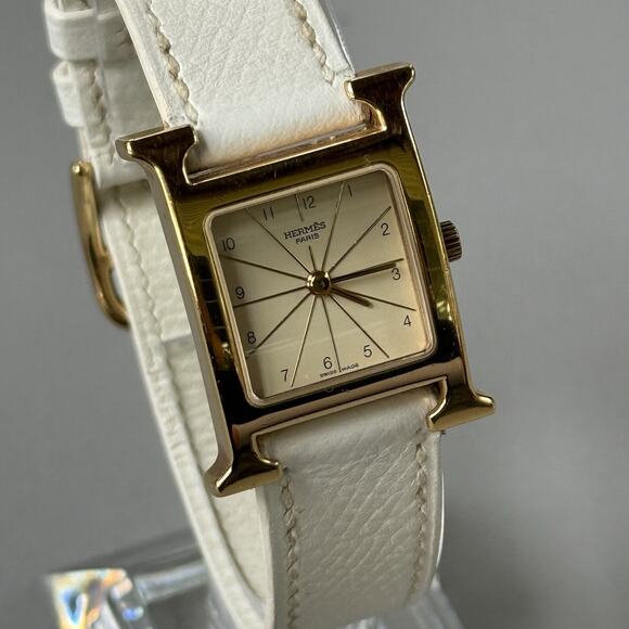 Hermes Heure H Watch 25mm Small Model Gold Epsom White Leather Working main image 8